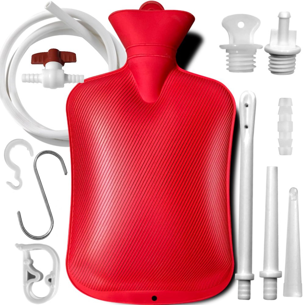 2 L Enema Bag with SwitchHot-Water Bottle5.0 ft. Long Silicone Hose ,3 Multi-Size Reusable Tips, Controlable Water Flow Valve- Coffee, Shower, Douche & Home Adult Enema KitRED