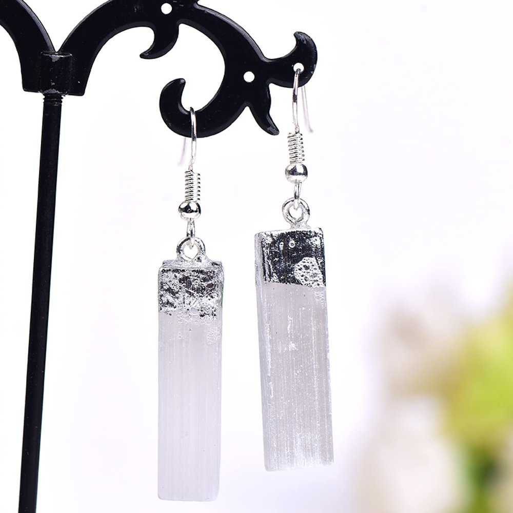 1PC Natural Selenite Ores Earrings Ores Crystal Pillar Earrings Women's Jewelry DIY Gift,Silver