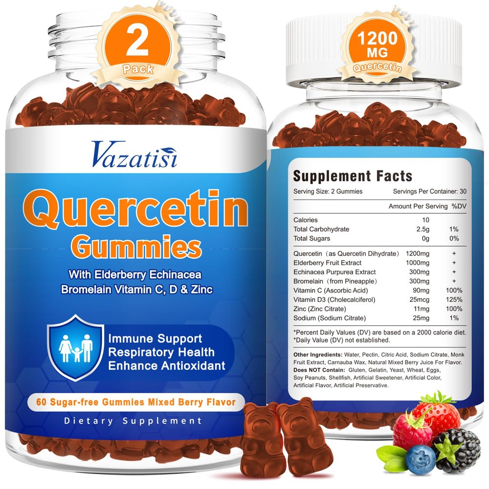 2 Pack Quercetin with Bromelain Gummies, Quercetin 1200MG with Vitamin C Zinc & Elderberry for Immune System & Allergy, Chewable & Vegan Gummies, Mixed Berry Flavor 120 Cts