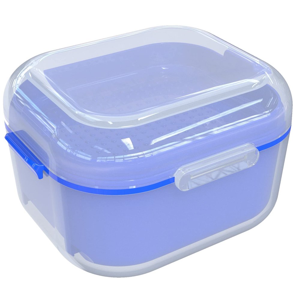 ARGOMAX Denture Case, Denture Cup for Soaking Dentures, Thorough Cleaning of Dentures, Retainer, Clear Braces (Clear Case + Dark Blue Filter and Tray).