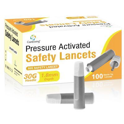CareLiving Safety Lancets, 100 Count Sterile, Push Button Activated, 30 Gauge Needle, 1.8 mm, Single-Use, Gentle for Comfortable Testing