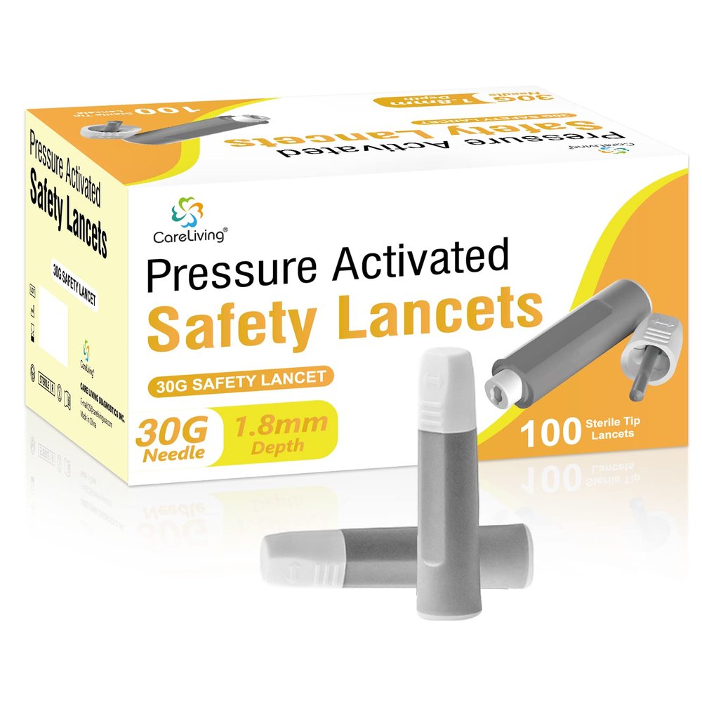 CareLiving Safety Lancets, 100 Count Sterile, Push Button Activated, 30 Gauge Needle, 1.8 mm, Single-Use, Gentle for Comfortable Testing