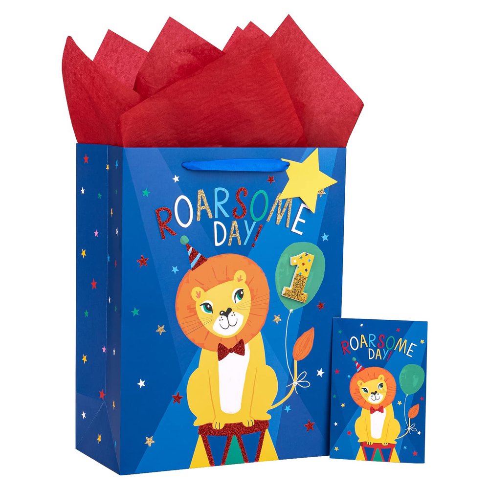 Loveinside 1st Birthday Lion Gift Bag with Tissue Paper, Blue Gift Tag and Greeting Card for Boys, Party, Baby Shower and More, 10" x 5" x 13", 1 Pcs, 1 Year Old