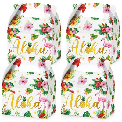 Glenmal 24 Pcs Hawaiian Aloha Party Boxes Tiki Luau Treat Goodie Candy Boxes with Handles - Tropical Themed Summer Party Supplies(Aloha)