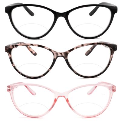 3 Pack Bifocal Reading Glasses for Women, Blue Light Blocking Cat Eye Computer Readers,New No line Bifocal reader Anti UV Ray/Eye Strain/Glare 1.5