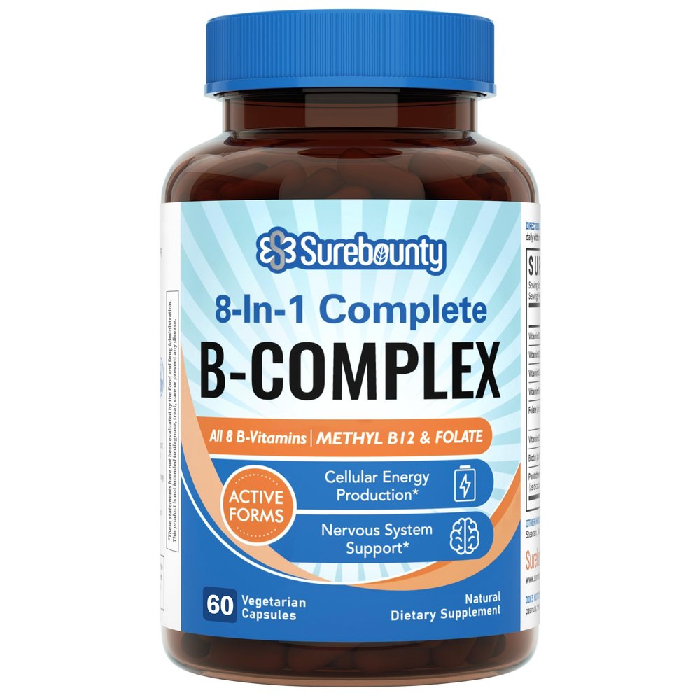 Surebounty 8-in-1 Vitamin B Complex Capsules for Women & Men, Super B Complex Vitamins, B12, B1, B2, B3, B5, B6, B9, Biotin, Folate, Methylated Forms, Energy, Nerve, Blood Support, 60 Caps