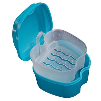 Denture Box Denture Bath Box Orthodontic Retainer Denture Storage Box with Strainer Basket for Travel Cleaning(Dark Blue, Light Blue, White) Light Blue