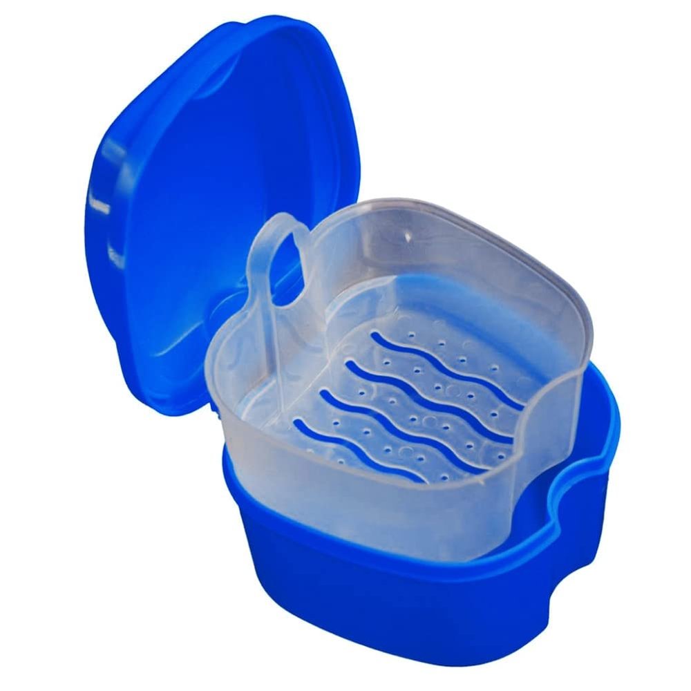 Denture Box Denture Bath Box Orthodontic Retainer Denture Storage Box with Strainer Basket for Travel Cleaning(Dark Blue, Light Blue, White) Dark Blue