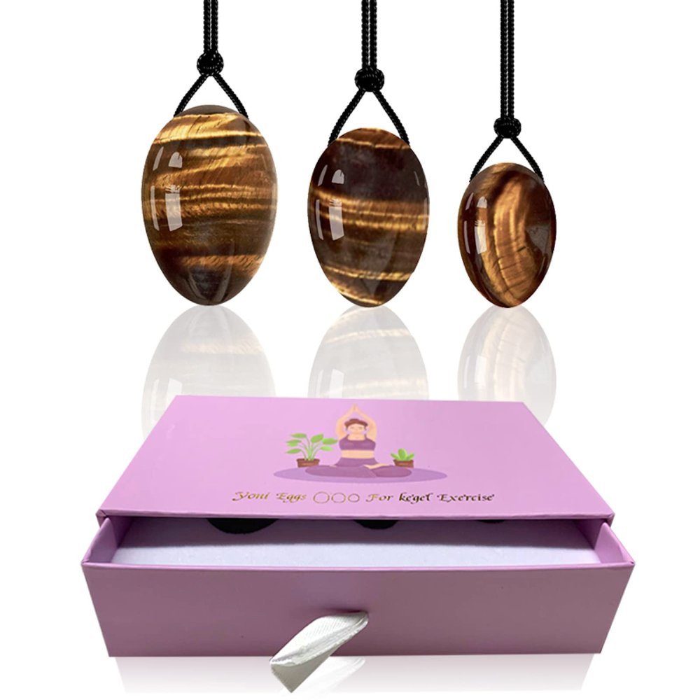 3Pcs Set Natural Rose Quartz Yoni Egg Set Women Kegel Exercise Jade Egg Ball Kegel Egg with Box,Tiger Eye with Box