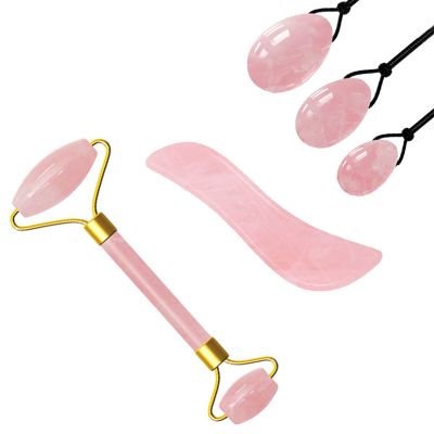 AOWNE Rose Quartz Jade Roller GuaSha Board Yoni Egg Jade Eggs Set Massage Crystal Stone Jade Massager Roller,3Pcs Set A