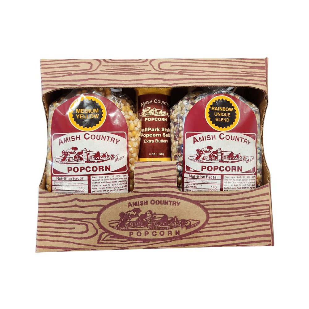 Amish Country Popcorn | 2-2lb Bag Gift Set - Medium Yellow and Rainbow with Ballpark Buttersalt | Old Fashioned, Non-GMO and Gluten Free