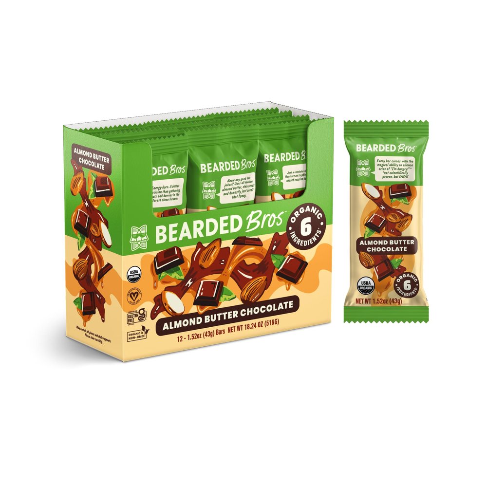 Bearded Brothers, Organic Vegan Protein Energy Bars, Almond Butter Chocolate (12 Pack) - Gluten Free, Paleo, Non GMO, Soy Free, Low Glycemic, No Sugar Added, Whole 30, Fiber (Packaging May Vary)