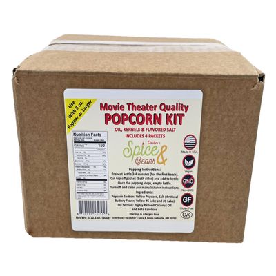 Home Theater All in One Popcorn Kit For 8 oz. Popper | Portion Packets with Kernels, Oil and Flavored Salt | By Dasher's Spice & Beans | Pack of 4