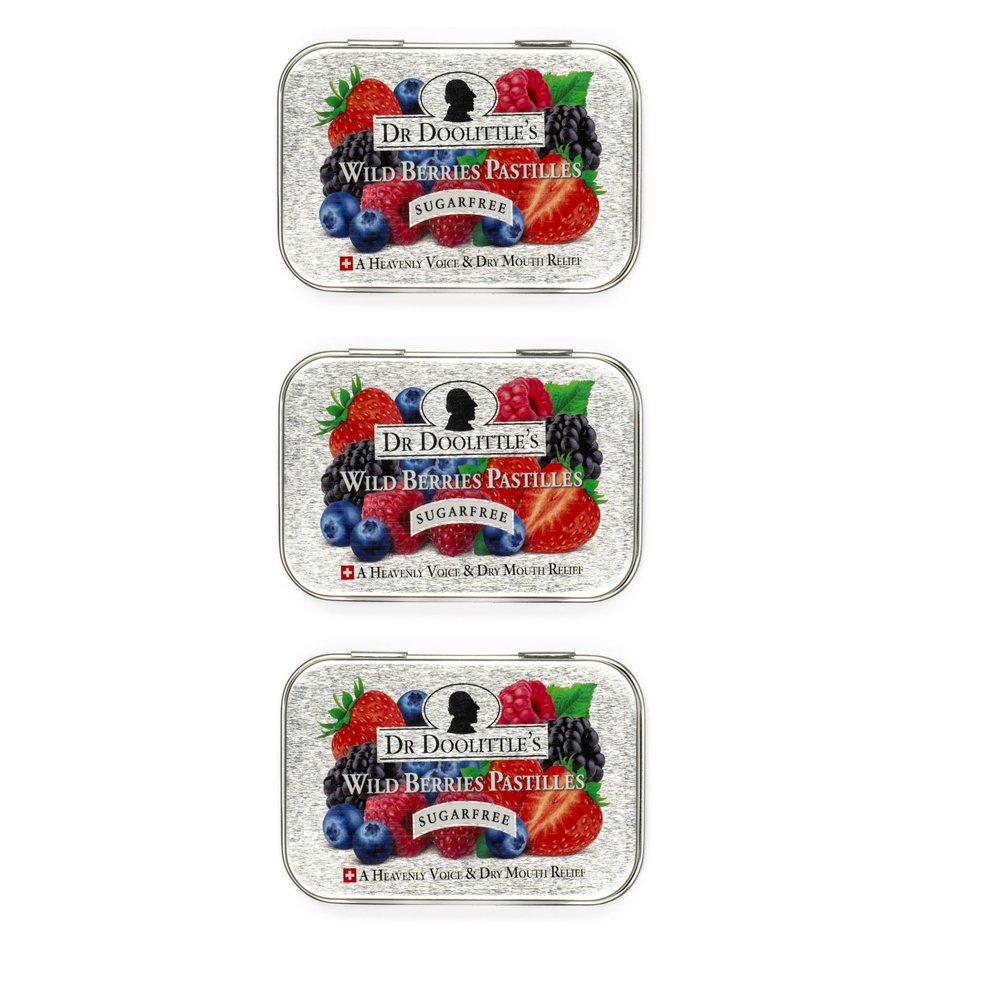 DOOLITTLE Dr Sugar Free Soft Fruit Pastilles for Voice and Throat Gift Set, Wild Berries Flavor, 2.12 Ounce Tin, Approximately 25 Count Package, 3 Tin