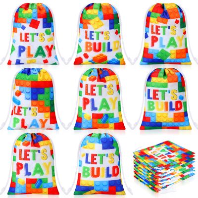 Kajaia 24 Pcs Building Block Candy Treat Bags 7.1 x 5.1 Inch Block Party Favor Polyester Drawstring Reusable Gift Goodie Bags Bulk for Kids Birthday Baby Shower Party Decor Supplies