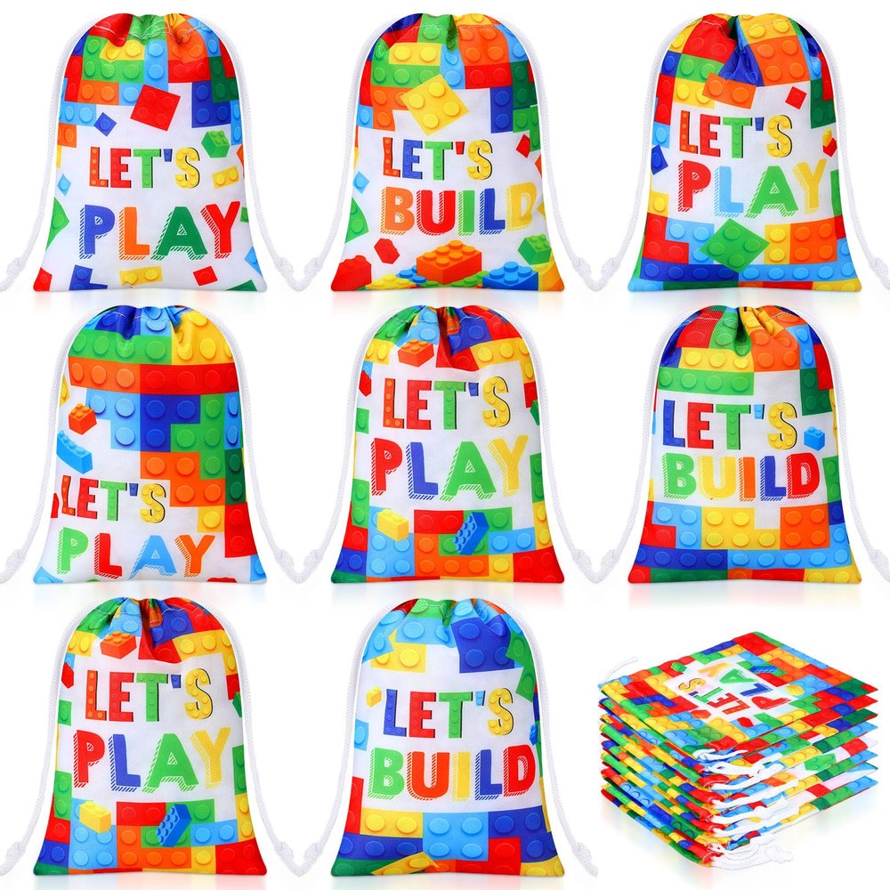Kajaia 24 Pcs Building Block Candy Treat Bags 7.1 x 5.1 Inch Block Party Favor Polyester Drawstring Reusable Gift Goodie Bags Bulk for Kids Birthday Baby Shower Party Decor Supplies