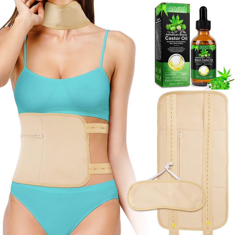 Castor Oil Pack Wrap Reusable for Waist and Neck, Castor Oil Pack Kit for Constipation Inflammation & Less Stress, Elastic Strap Bamboo Cotton Anti Oil Leak (Khaki)