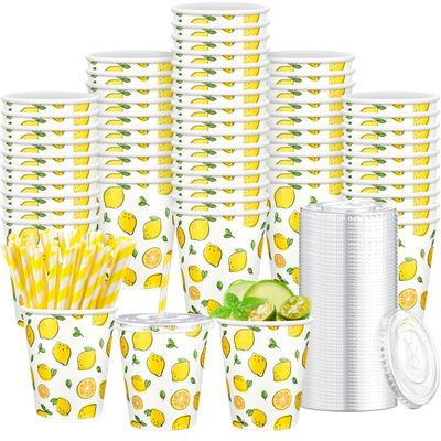150 Pieces/50 Sets Lemonade Cups with Lids and Paper Straws 9oz Disposable Iced Coffee Paper Cup Summer Citrus Cold Cups for Lemonade Stand Supplies Fruit Party Beverages Drinks Juices