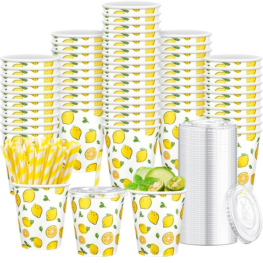 150 Pieces/50 Sets Lemonade Cups with Lids and Paper Straws 9oz Disposable Iced Coffee Paper Cup Summer Citrus Cold Cups for Lemonade Stand Supplies Fruit Party Beverages Drinks Juices