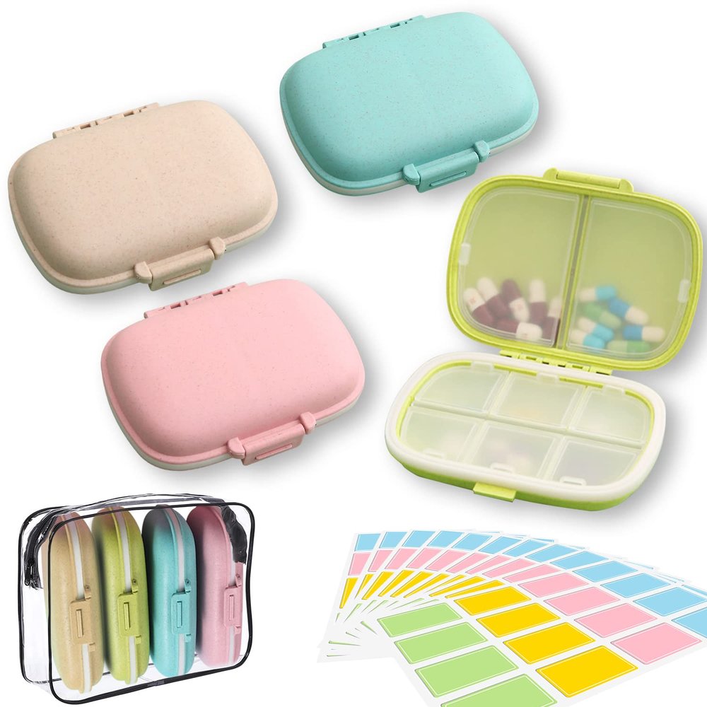 4 Pack Travel Pill Organizer,8 Compartments Weekly Pill Box Moisture Proof Small Pill Case for Pocket Purse Daily Portable Medicine Vitamin Holder ContainerBlue+Green+Khaki+Pink