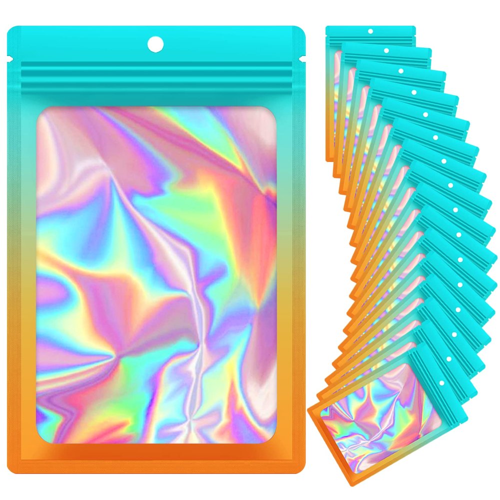 100 Pieces Resealable Mylar Bags, Smell Proof Bags with Clear Window for Food Storage Party Favor Packaging Small Business (Green&Orange, 2.44)