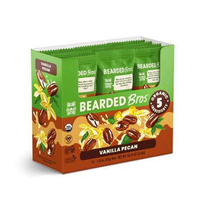 Bearded Brothers Organic Vegan Protein Energy Bars - Gluten Free, Paleo, Fiber, Whole 30 | Non GMO, Soy Free, Low Snacks | 12 Pack Vanilla Pecan