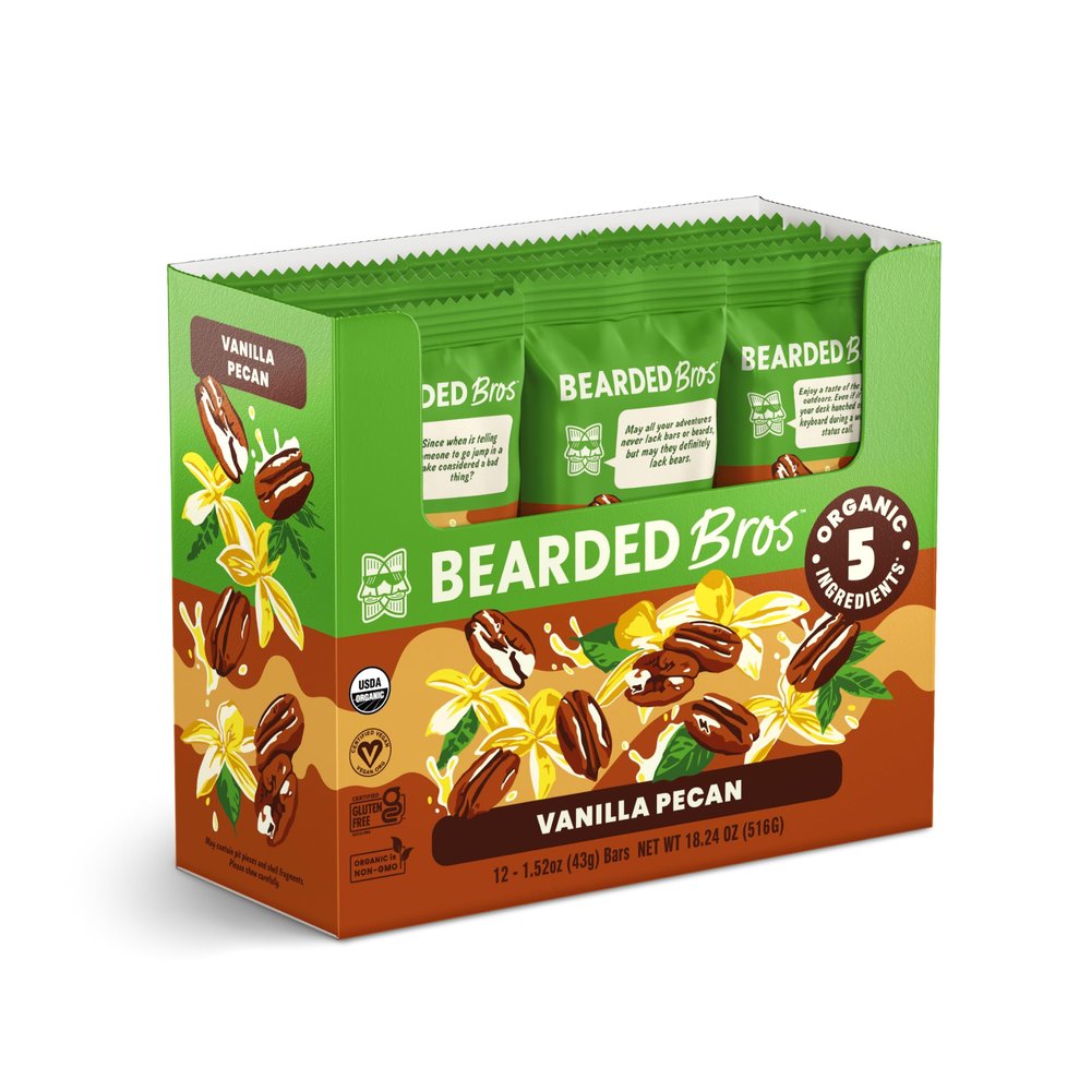 Bearded Brothers Organic Vegan Protein Energy Bars - Gluten Free, Paleo, Fiber, Whole 30 | Non GMO, Soy Free, Low Snacks | 12 Pack Vanilla Pecan