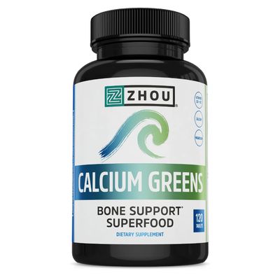 Zhou Calcium Greens - Calcium Supplements for Women & Men, Bone Strength Support Supplement with Vitamin D3, Bone Support with Algae & Vitamin K2 & D, Plant Based - 120 Tablets