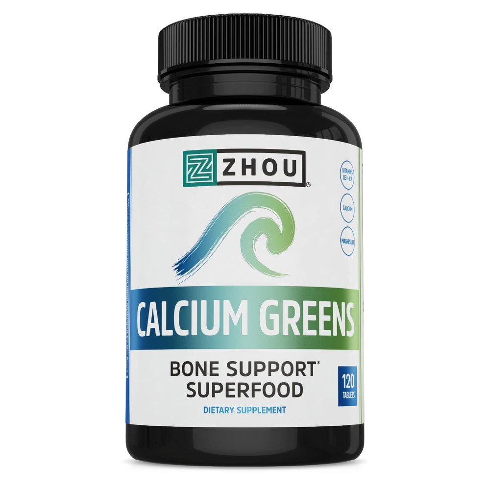 Zhou Calcium Greens - Calcium Supplements for Women & Men, Bone Strength Support Supplement with Vitamin D3, Bone Support with Algae & Vitamin K2 & D, Plant Based - 120 Tablets