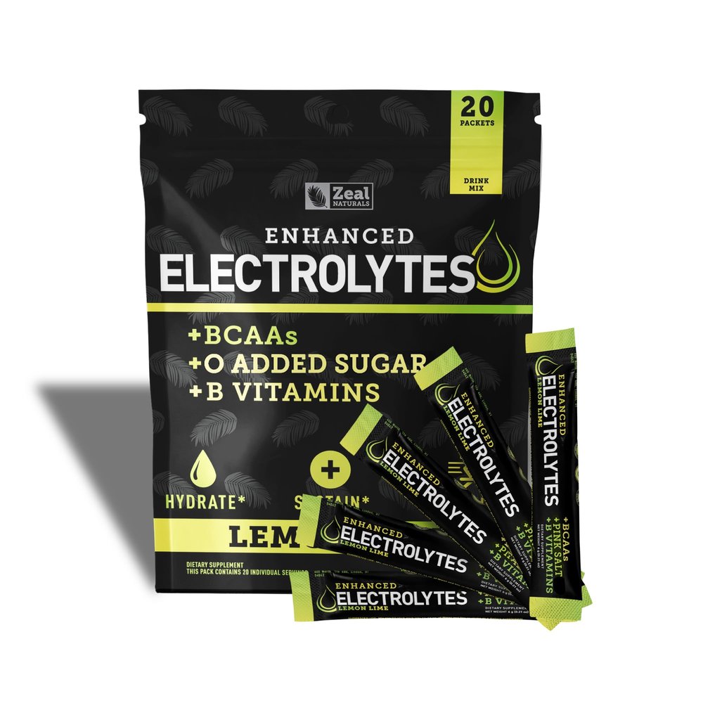 Enhanced Electrolyte Powder Stick Packs (Lemon Lime | 20 Packets) w/ 0 Sugar +BCAAs +B-Vitamins Electrolyte Supplement w Potassium Zinc & Magnesium for Hydration - Keto Electrolytes