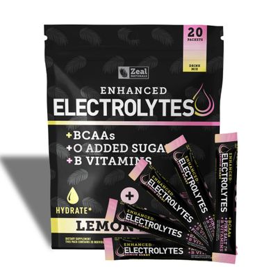 Enhanced Electrolyte Powder Stick Packs (Lemon Berry | 20 Packets) w/ 0 Sugar +BCAAs +B-Vitamins Electrolyte Supplement w Potassium Zinc & Magnesium for Hydration - Keto Electrolytes