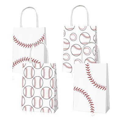 12Pcs Sports Party Gift Bags with Tissue Paper Baseball Football Soccer Basketball Gift Goodie Favor Bags with Handle for Baseball Theme Party Girls Boys Birthday Decoration (White, Baseball)
