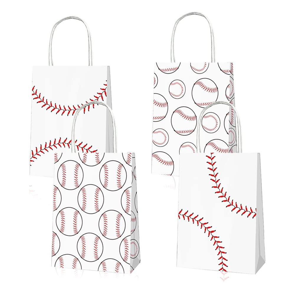 12Pcs Sports Party Gift Bags with Tissue Paper Baseball Football Soccer Basketball Gift Goodie Favor Bags with Handle for Baseball Theme Party Girls Boys Birthday Decoration (White, Baseball)
