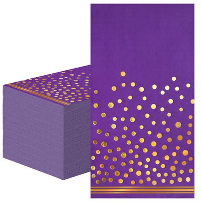100 Pcs Purple Paper Napkins Disposable - Purple Gold Dot Dinner Party Napkins for Bathroom Wedding Anniversary Birthday Mardi Gras Party Supplies