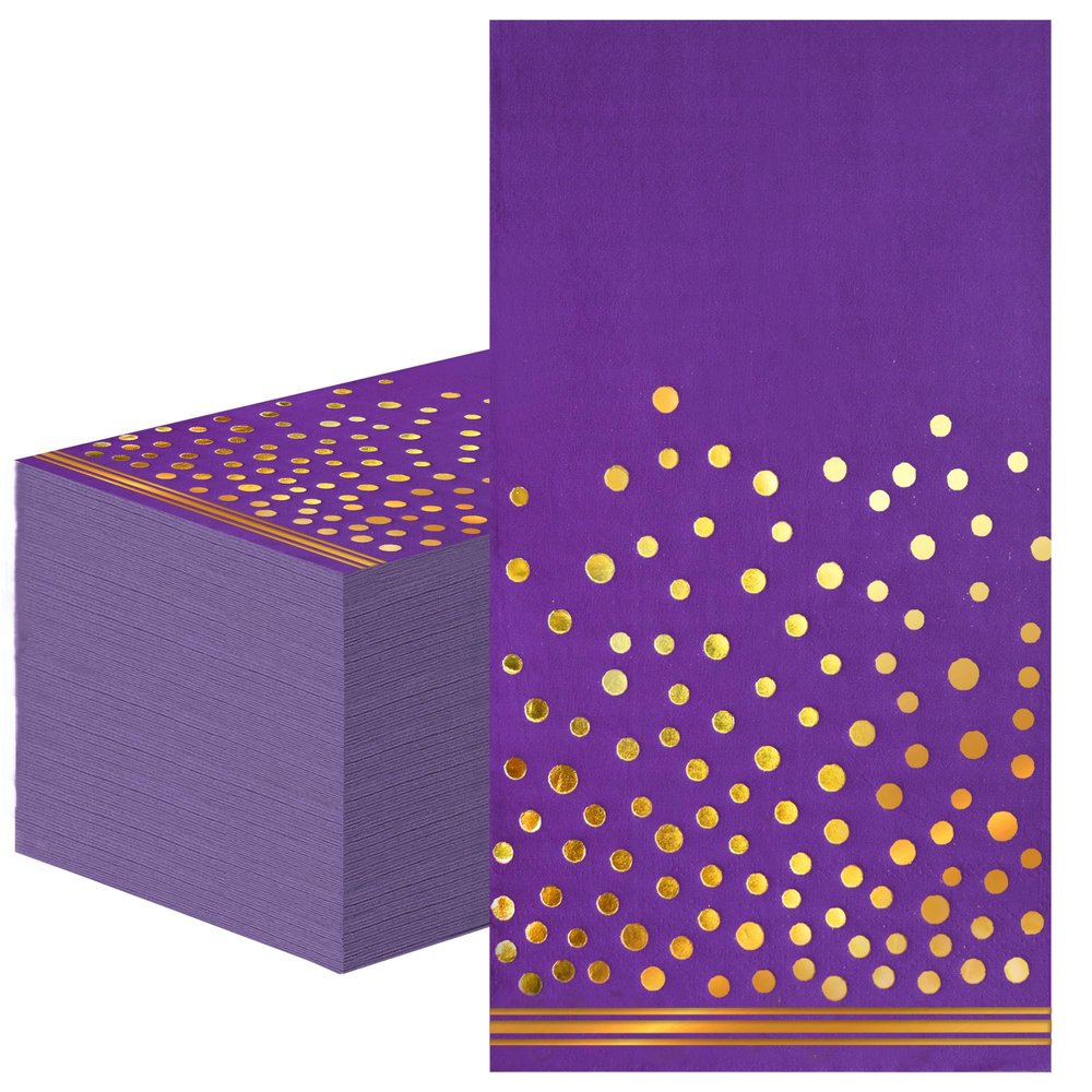 100 Pcs Purple Paper Napkins Disposable - Purple Gold Dot Dinner Party Napkins for Bathroom Wedding Anniversary Birthday Mardi Gras Party Supplies