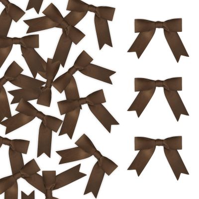 Meseey 50 Pcs 2.5 Inches Twist Tie Grosgrain Ribbon Bows Brown Pretied Premade Craft Bows for Treat Bags Gift Wrapping Basket Wedding Baby Shower Brithday Christmas Party (2.5", Brown)