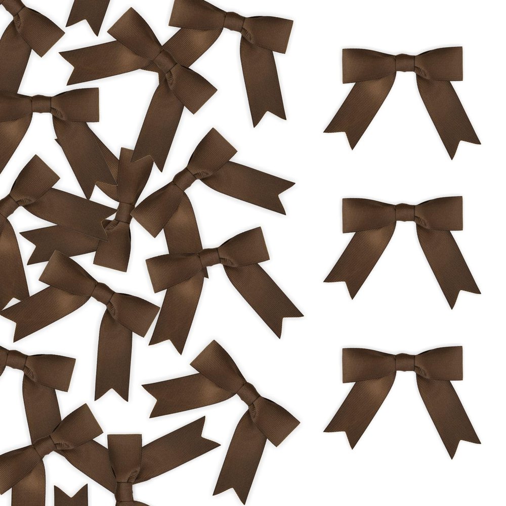 Meseey 50 Pcs 2.5 Inches Twist Tie Grosgrain Ribbon Bows Brown Pretied Premade Craft Bows for Treat Bags Gift Wrapping Basket Wedding Baby Shower Brithday Christmas Party (2.5", Brown)