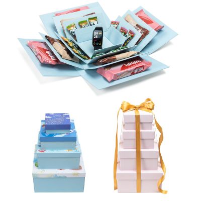8 Pack Gift Boxes with Lids, 4 Surprise Gift Box Explosion and 4 Paper Square White Nesting Gift Boxes, Exploding Box Set for Boys Boyfriend Husband Son Birthday Party Favor Boxes, Blue&Pink
