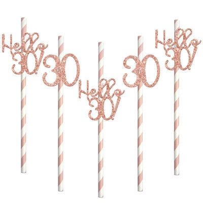 30th Birthday Paper Straw Decor, Happy 30th Birthday Decorations, Hello 30, 30th Anniversary/Birthday Party Drinking Decorative Straws, Cheer 30 Years Old Party Supplies 12 Pieces Rose Gold