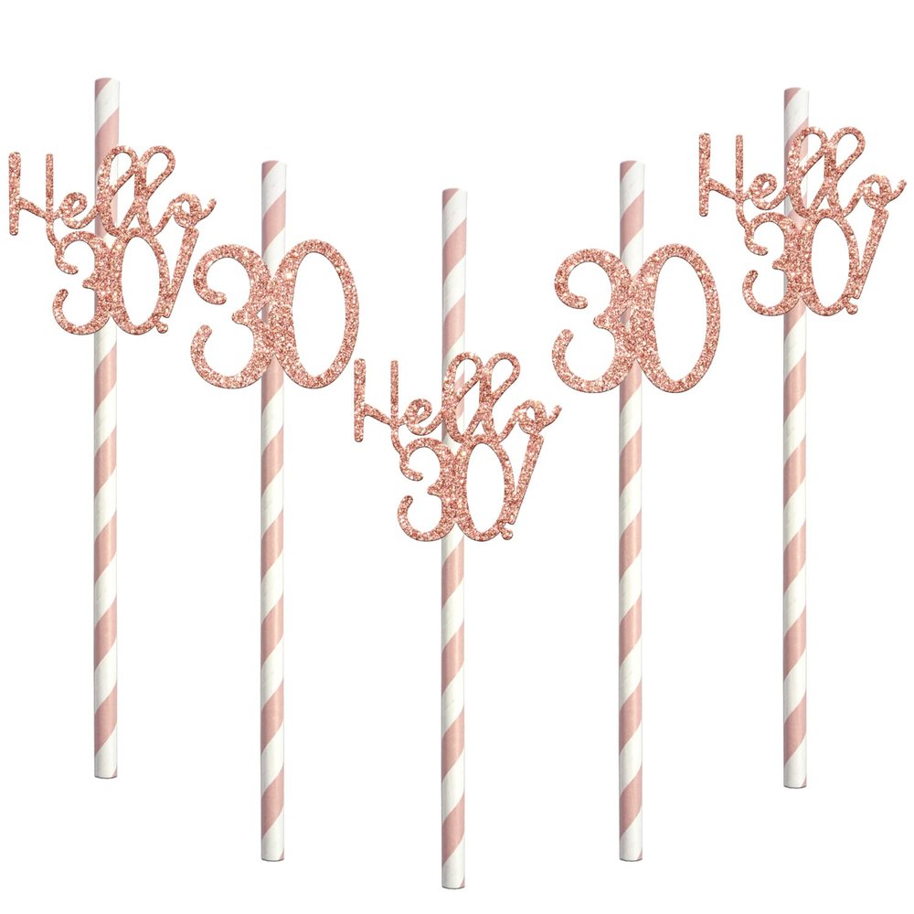 30th Birthday Paper Straw Decor, Happy 30th Birthday Decorations, Hello 30, 30th Anniversary/Birthday Party Drinking Decorative Straws, Cheer 30 Years Old Party Supplies 12 Pieces Rose Gold