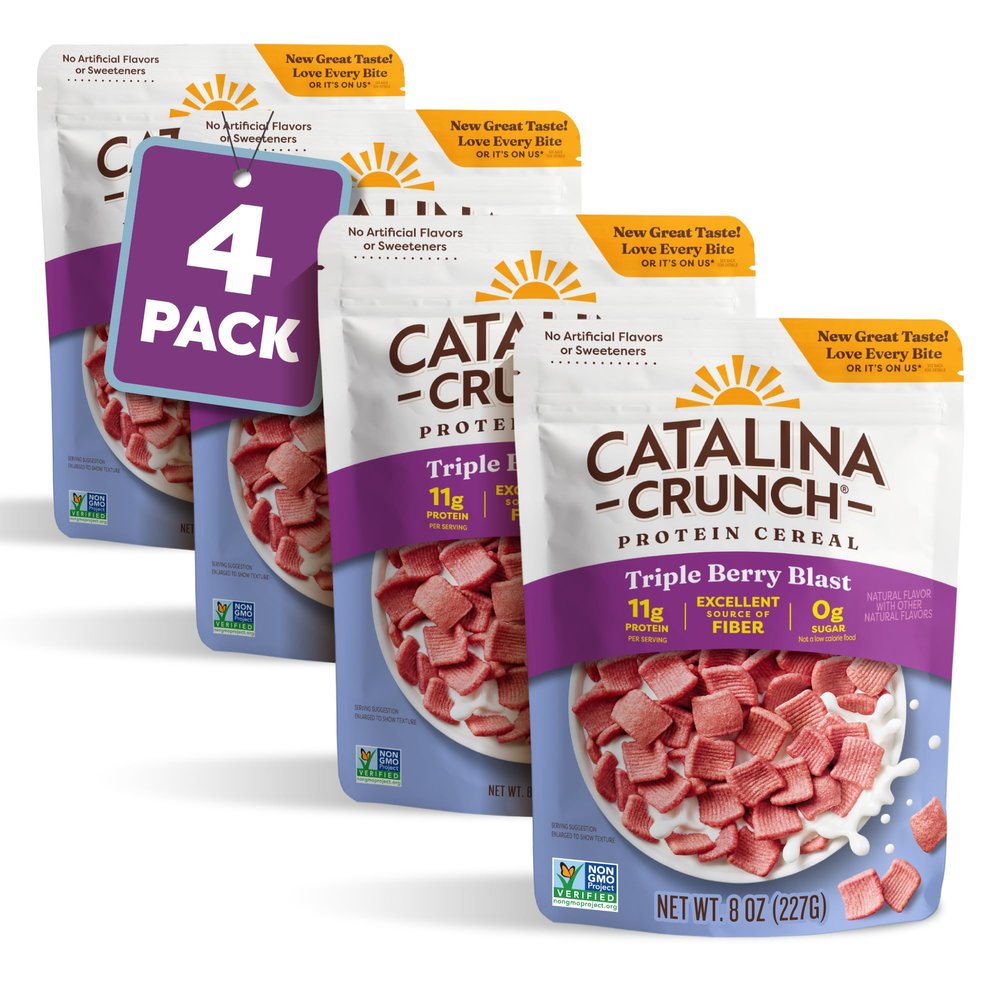 Catalina Crunch Protein Cereal - Sugar Free Breakfast Cereal with 11g of Protein - Gluten Free - Triple Berry Blast - 8 oz. Bag (Pack of 4), Packaging May Vary