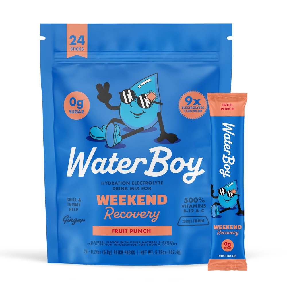 Waterboy Weekend Recovery | 3,200mg Electrolyte Powder Packets | Ginger + L-Theanine + Vitamins | No Sugar, All Natural, Gluten Free | 24 Drink Stick Mixes (Fruit Punch)