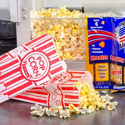 Decony Red And White Paper Popcorn Bags 100pcs MADE IN USA Individual Servings - 0.6 Oz Popcorn Paper Bags for Party, Movie Night & Carnival - 7" x 1 1/2" x 3" Vintage