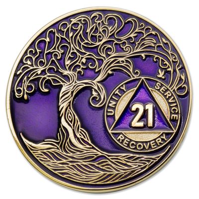 1 to 50 Year Twisted Tree of Life Sobriety Coin - Gold Plated AA Chips & Medallions - 21 Year Sobriety Coin - Purple
