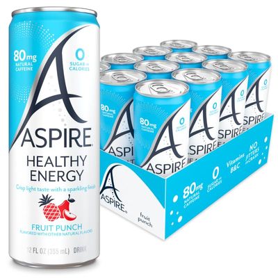 ASPIRE Fruit Punch, Healthy Energy Drink 80mg Natural Caffeine, Zero Sugar No Carbs Keto Friendly, 12 Pack Green Tea Sugar Free Drink Low Caffeine Zero Calorie