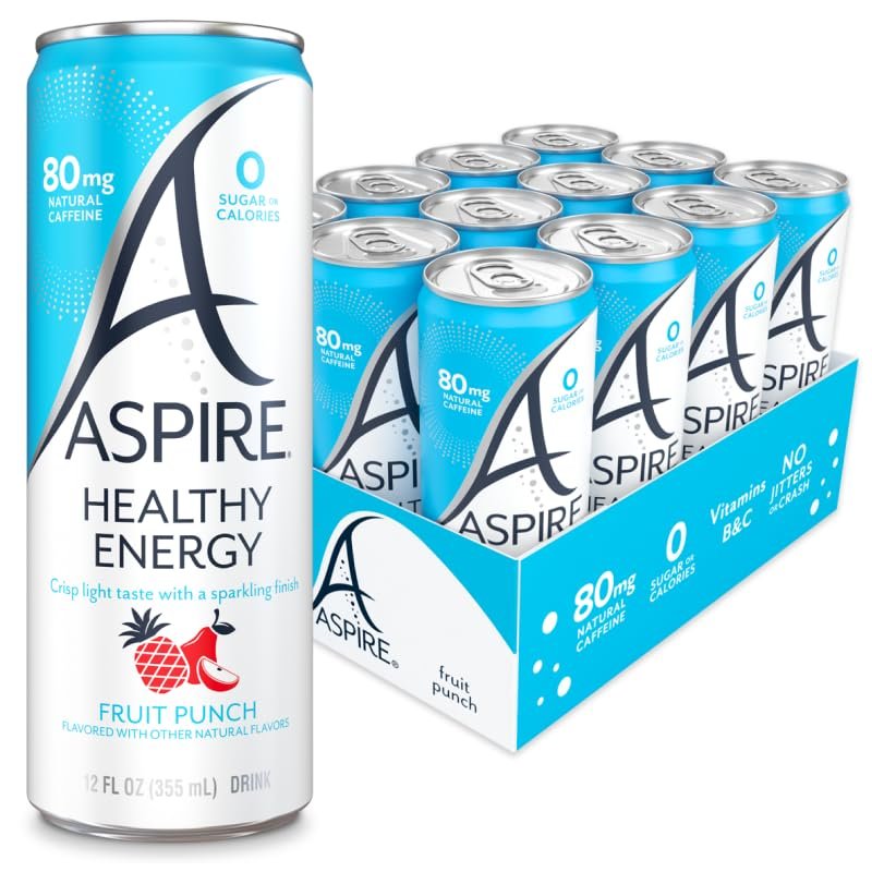 ASPIRE Fruit Punch, Healthy Energy Drink 80mg Natural Caffeine, Zero Sugar No Carbs Keto Friendly, 12 Pack Green Tea Sugar Free Drink Low Caffeine Zero Calorie