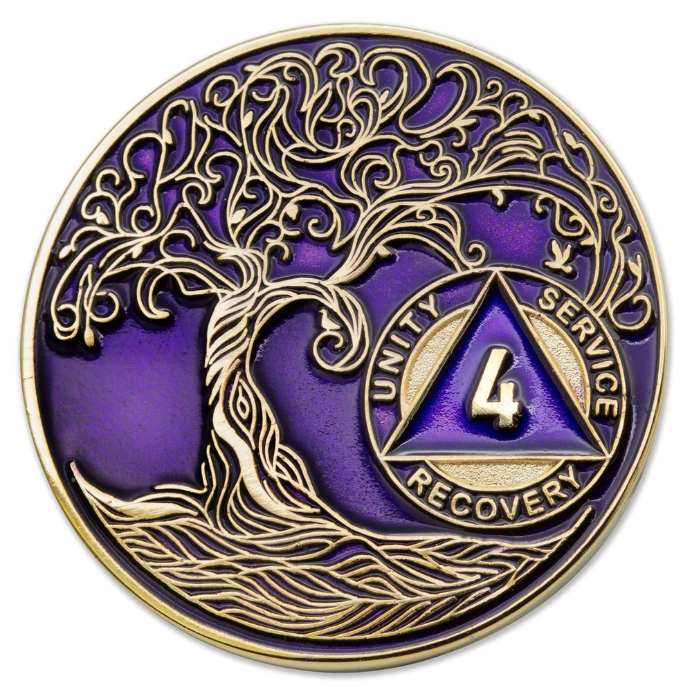 1 to 50 Year Twisted Tree of Life Sobriety Coin - Gold Plated AA Chips & Medallions - 4 Year Sobriety Coin - Purple