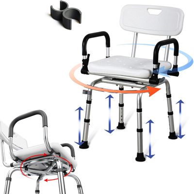 360 Degree Shower Chair Swivel with Soft Memory Foam Seat Pad,Portable Shower Seat with Armrests and Back, Foldable Adjustable Height Seat for Bathtub (White)