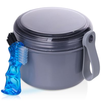 Denture Case, Leak Proof Denture Bath Cup for Travel, Denture Container Cups for Soaking Full & Partial Dentures, Retainers, Denture Cleaning Kit Holder Box with Denture Cleaner Brush-Grey