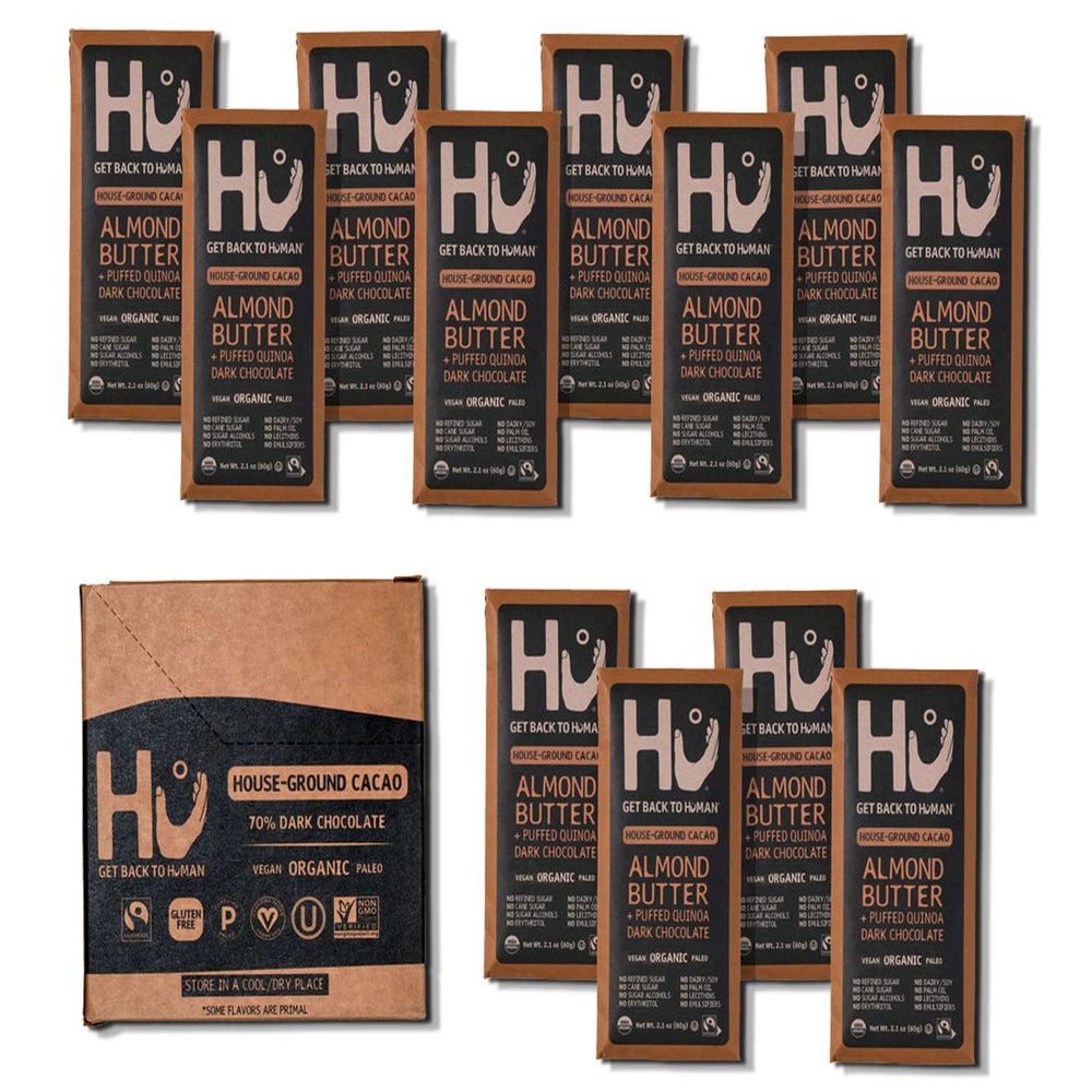 Hu Chocolate Bars | 12 Pack Almond Butter Puffed Quinoa Chocolate | Natural Organic Vegan, Gluten Free, Paleo, Non GMO, Fair Trade Dark Chocolate | 2.1oz Each